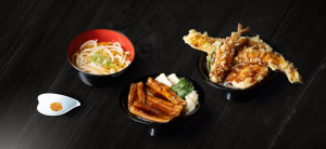 Sea eel donburi, whole sea eel tempura, and udon bowl served for Sushi Zanmai Eel Special Week