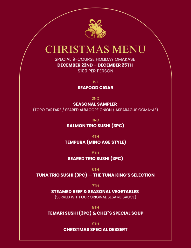 A premium holiday menu for Sushi Zanmai featuring a 9-course Christmas Special for $100. The design shows a deep red background with gold and white elegant typography. The courses include Seafood Cigar, Salmon Trio, Seared Trio, and the Tuna King’s Selection. It also states the restaurant is open on Christmas and New Year's Day at Chapman Plaza.