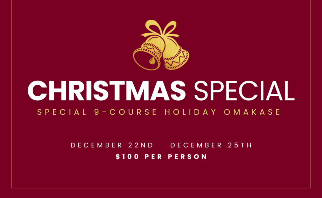 A premium holiday menu for Sushi Zanmai featuring a 9-course Christmas Special for $100. The design shows a deep red background with gold and white elegant typography. The courses include Seafood Cigar, Salmon Trio, Seared Trio, and the Tuna King’s Selection. It also states the restaurant is open on Christmas and New Year's Day at Chapman Plaza.