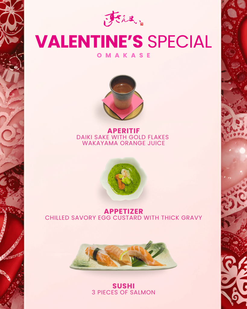 Photos of Aperitif, Chilled Savory Egg Custard, and Salmon Sushi from the Valentine's Omakase