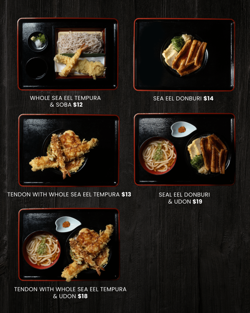 Japanese Sea Eel (Anago) menu items featuring Tempura Soba, Eel Donburi, and Tendon.