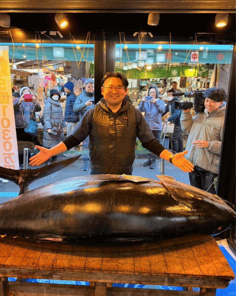 A massive whole bluefin tuna displayed at Sushi Zanmai, showcasing the scale and quality of Japan’s premium tuna tradition