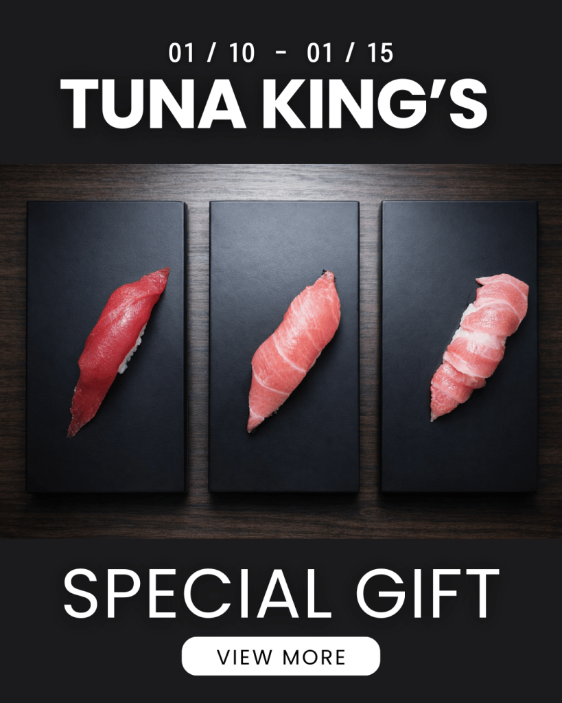 Close up of Auction #2 bluefin tuna nigiri from Tuna King’s Special Gift at Sushi Zanmai