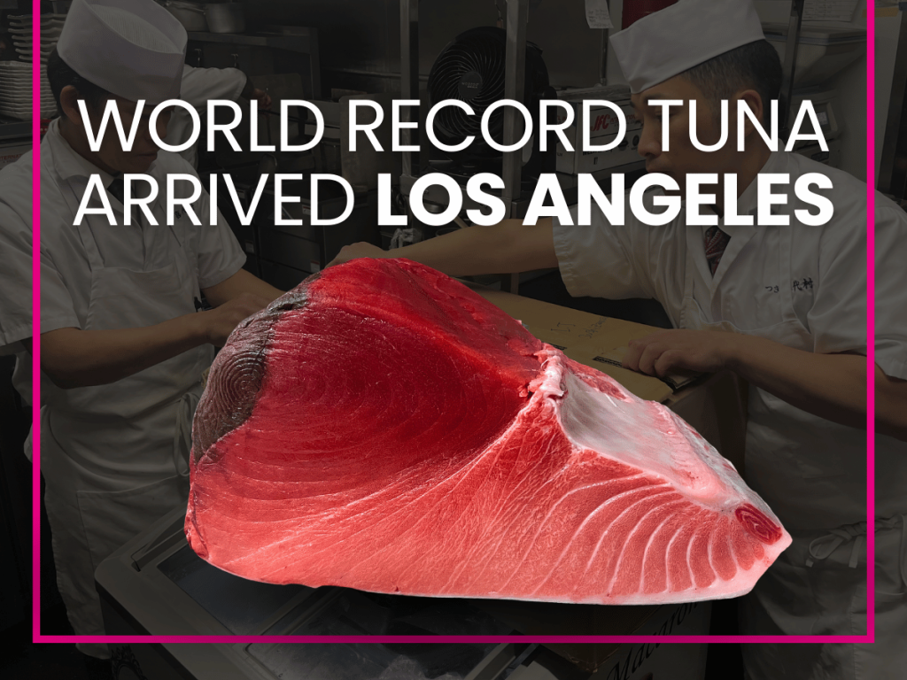 Official banner of Sushizanmai LA announcing the arrival of the $3.25 million world record Bluefin tuna from Japan.
