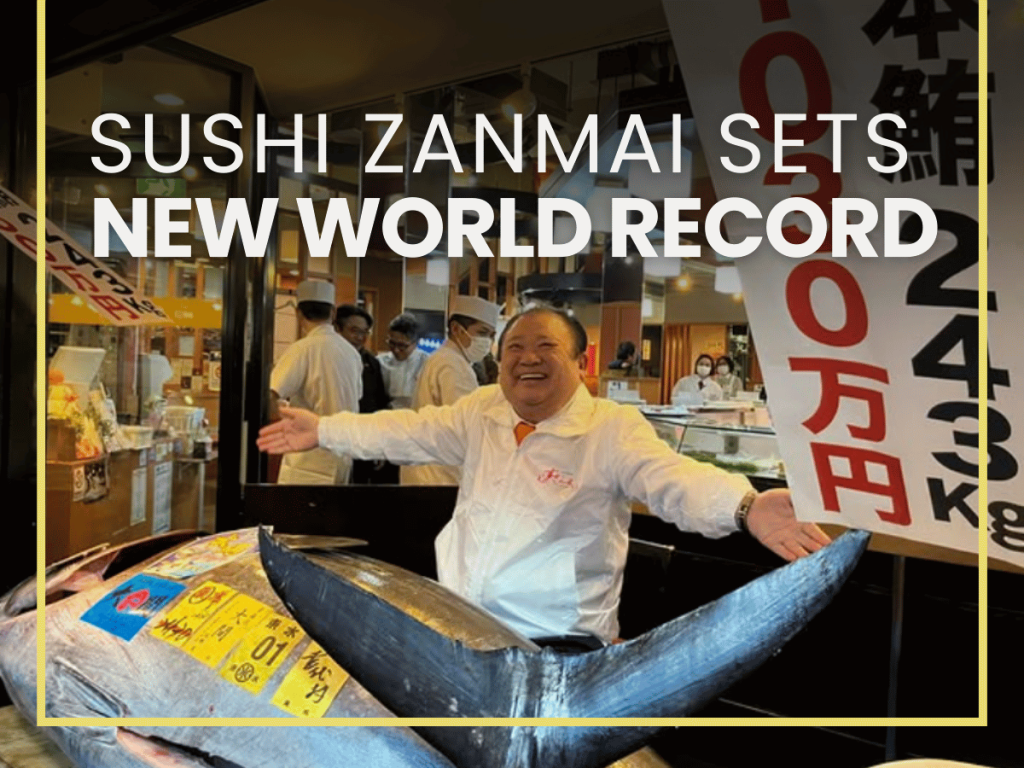 President Kiyoshi Kimura of Sushizanmai celebrates setting a new world record at the 2026 Toyosu New Year tuna auction with a 243kg Bluefin Tuna.