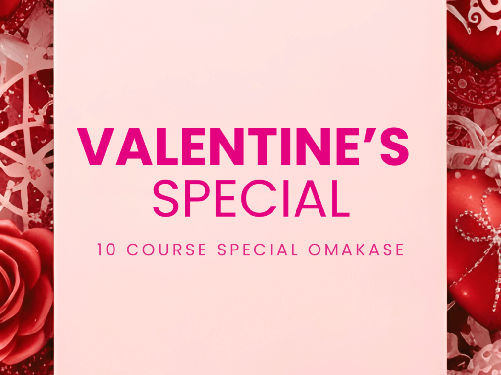 Valentine's Special 10-course Omakase square banner with red and pink roses background