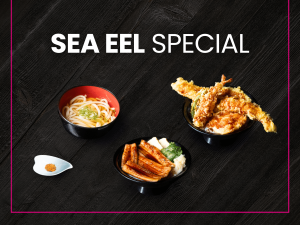 Website banner for Sushi Zanmai LA featuring "Sea Eel Special" text with high-quality images of Sea Eel Donburi, Tendon with Whole Sea Eel Tempura, and Udon.