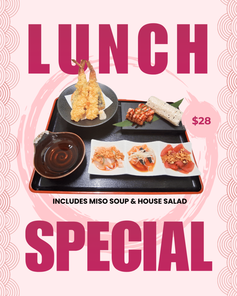 Vertical mobile-optimized banner for Sushi Zanmai Lunch Special, 28 dollars including miso soup and house salad.