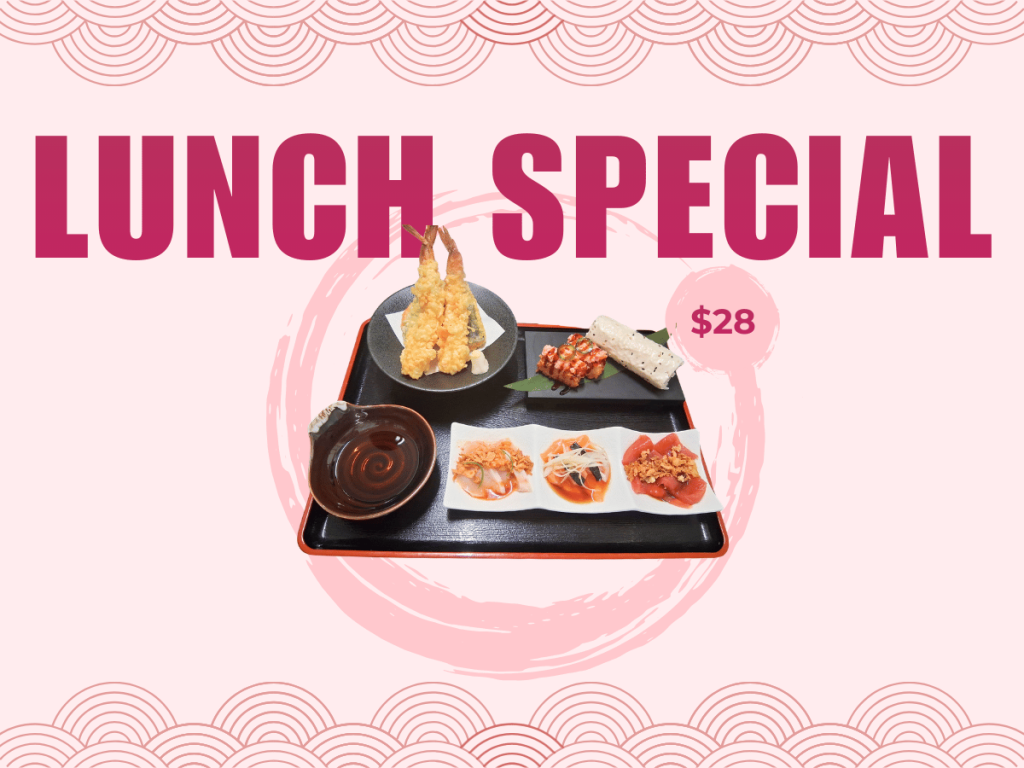 Sushi Zanmai Lunch Special website graphic with a pink wave pattern background and $28 price tag.