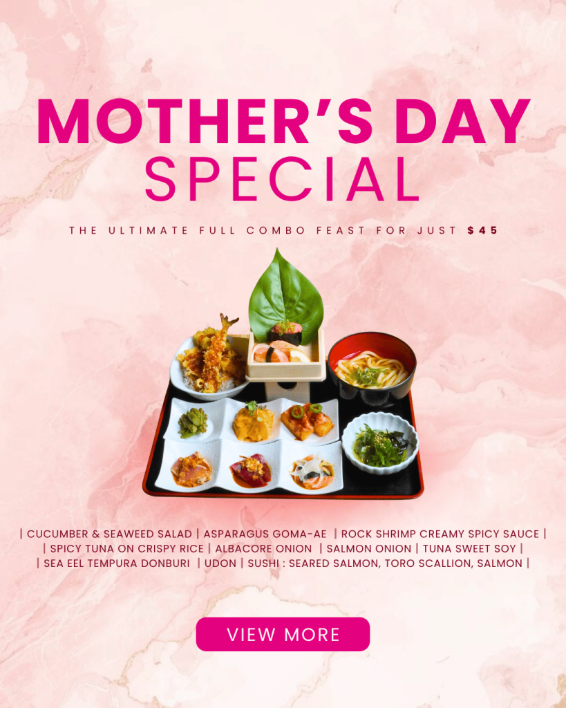 Mobile-friendly promotion for Sushi Zanmai's Mother's Day Special. Shows the $45 full combo feast meal, a list of included dishes, and a bright pink "View More" button on a pink marble background.