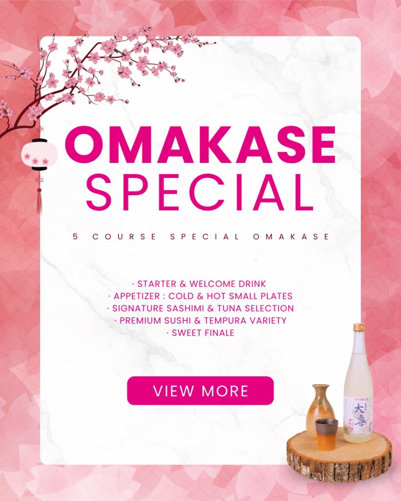Mobile-friendly banner for Sushi Zanmai Omakase Special with cherry blossom design and sake bottle illustration.