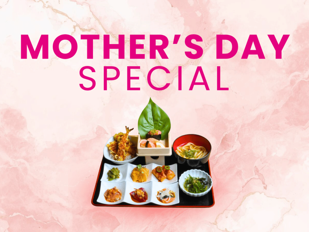 Sushi Zanmai Mother's Day Special graphic displaying a Japanese bento combo meal with sushi, tempura donburi, udon, and appetizers centered on a light pink marble background.