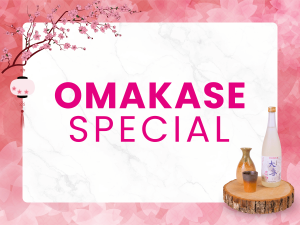Omakase Special title card with elegant Japanese cherry blossom background and premium sake set.
