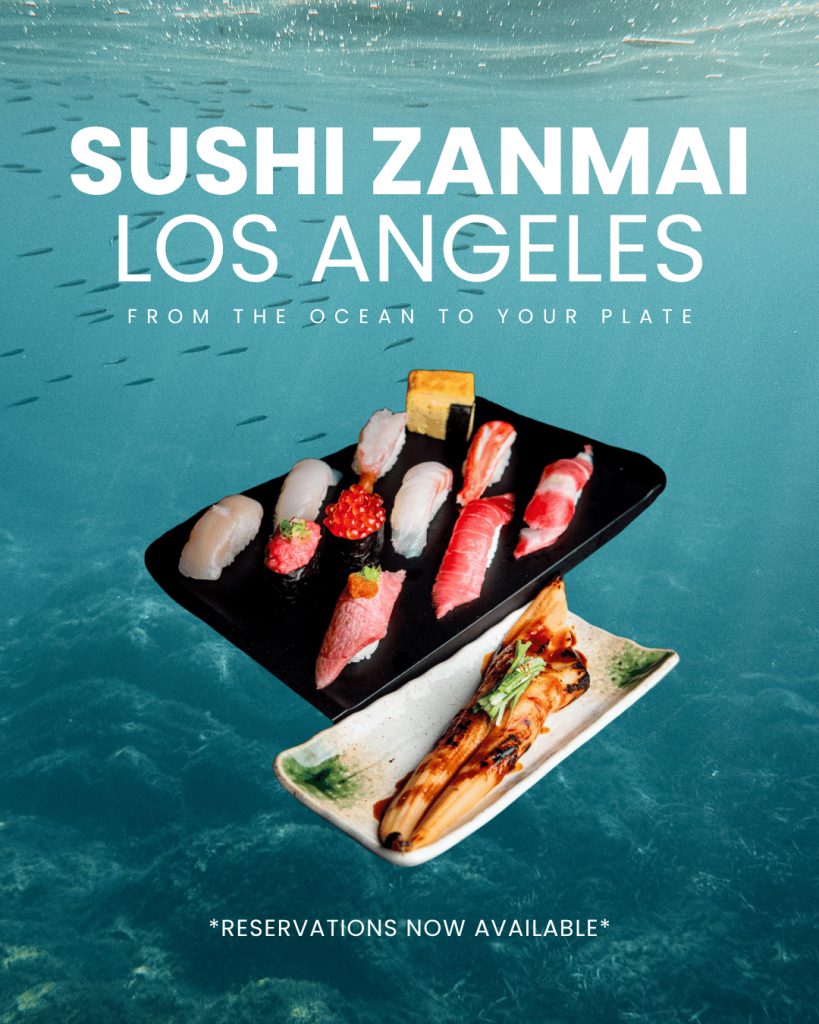 Sushi Zanmai Los Angeles mobile website top banner featuring premium assorted sushi platter and unagi under the ocean background