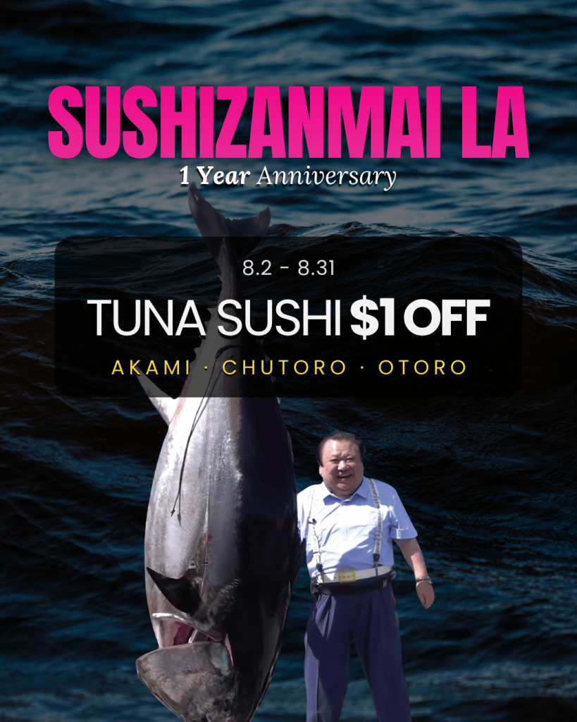 Sushizanmai LA 1st anniversary mobile banner featuring CEO Kiyoshi Kimura and a large tuna with $1 off tuna sushi deal.