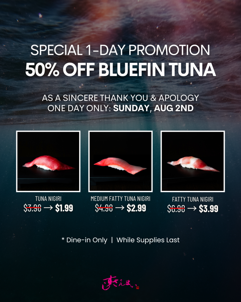 Special 1-Day Promotion flyer for Sushi Zanmai LA offering 50% off Bluefin Tuna nigiri on Sunday, Aug 2nd, including Tuna, Medium Fatty Tuna, and Fatty Tuna.