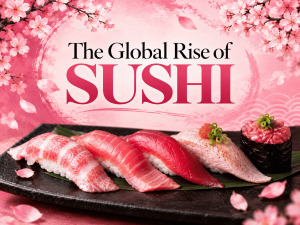 The Global Rise of Sushi featuring premium tuna sushi and Japanese-inspired cherry blossom design